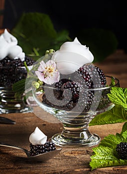 Blackberries in Glass Dish with Whipped Cream