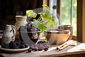 Blackberries in an old bowl with rustic pottery and greenery on a wooden table, a timeless rural kitchen scene.