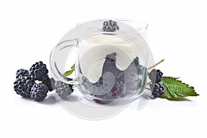 Blackberries Rubus fruticosus, dessert with cream in a glass