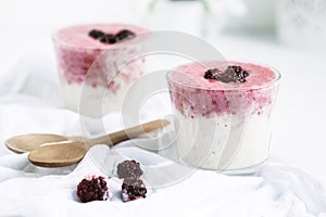 Blackberry and banana smoothie with blackberry fruit and oatmeal in the glass jar