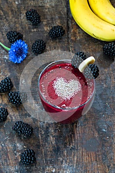 Blackberry and banana smoothie garnished with chia seeds