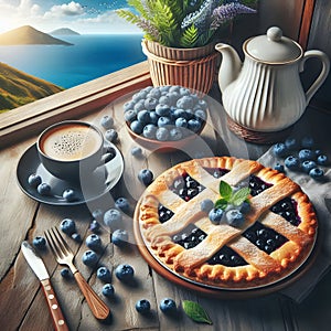 Blackberry and blueberry tart with cup of coffee on dark background