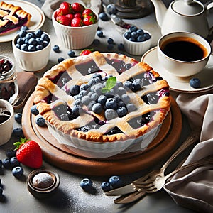 Blackberry and blueberry tart with cup of coffee on dark background