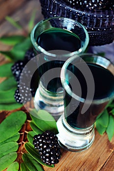 Blackberry fruit liqueur in two shot glasses with berries and gr