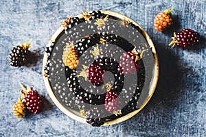 Blackberry fruits bowl overhead view summer food background, ripe blackberries on gray table