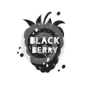 Blackberry grunge sticker. Black texture silhouette with lettering inside. Imitation of stamp, print with scuffs