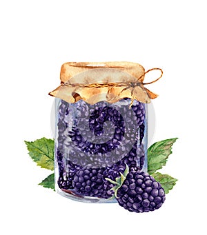 Blackberry jam in glass jar and black berries with leaves. Watercolor