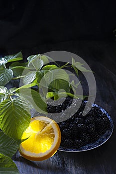 Blackberry on metal dish with orange slice and green leaves