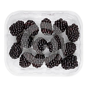 Blackberry  in plastic box container isolated on white background,top view