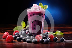 Blackberry, raspberry and blueberry smoothie in glass on wooden table, Blueberry smoothie or milkshake with fresh berries, AI