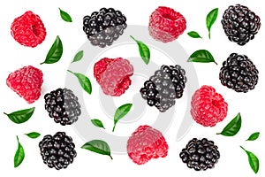 Blackberry and raspberry with leaves isolated on white background. Top view. Flat lay pattern