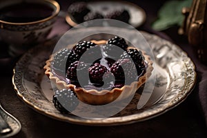 blackberry tart with a drizzle of blackberry sauce on a vintage floral plate on dark background, food art, generative AI