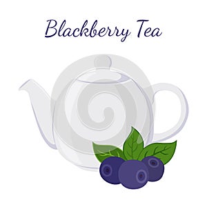 Blackberry tea in teapot with berries. Healthy organic natural fruit tea