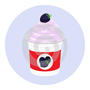 Blackberry yogurt in plastic cup. Milk cream product. Flat style