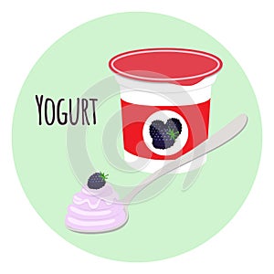 Blackberry yogurt in plastic cup. Milk cream product. Flat style