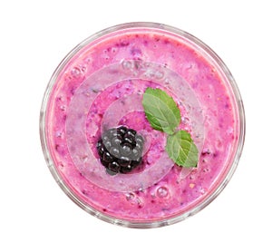 Blackberry yogurt or smoothie with mint leaves isolated on white background. Top view. Healthy Eating