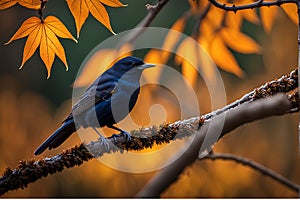 Blackbird Perched on Gnarled Branch: Sleek Feathers Glistening in Sharp Focus Amidst Bokeh Elegance