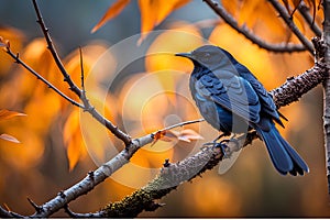 Blackbird Perched on Gnarled Branch: Sleek Feathers Glistening in Sharp Focus Amidst Bokeh Elegance