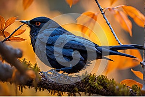 Blackbird Perched on Gnarled Branch: Sleek Feathers Glistening in Sharp Focus Amidst Bokeh Elegance