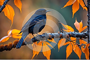 Blackbird Perched on Gnarled Branch: Sleek Feathers Glistening in Sharp Focus Amidst Bokeh Elegance