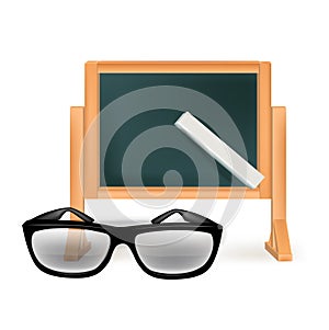 Blackboard with chalk and glasses isolated on white