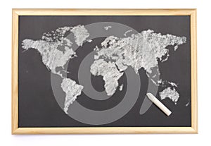 Blackboard with a chalk and the map of the world drawn onto. (series) photo