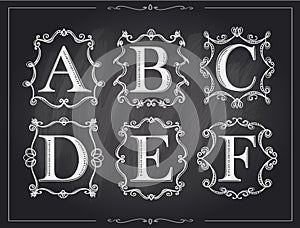 Blackboard chalk vintage calligraphic letters in monogram retro frames, alphabet logos