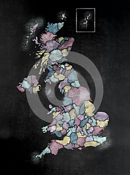 Blackboard or Chalkboard with U.K.Map with Counties.