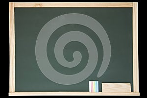 Blackboard, chalks and eraser