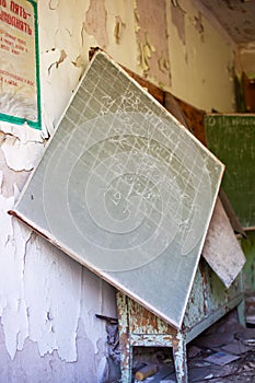 Blackboard in a classroom at a school in the Chernobyl zone