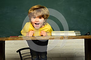 Blackboard copy space. Science education concept. Kids school. Boy from elementary school at the school yard.