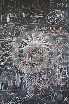 Blackboard covered with children's graffiti.