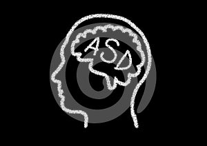 blackboard drawing of a head with ASD on the brain. ASD stands for Autism Spectrum Disorder