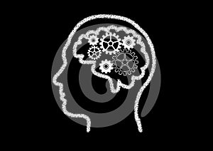 blackboard drawing of a head with gears in the brain