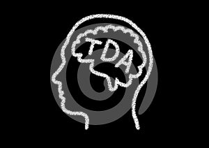 blackboard drawing of a head with TDA on the brain. TDA stands for Attention Deficit Hyperactivity Disorder in Spanish