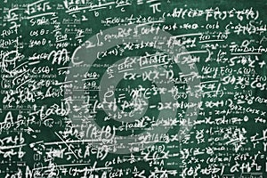 A blackboard full of mathematical formulas. educational concept background
