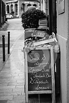 Blackboard of a greengrocer announcing its offers and products.