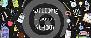 Blackboard with greeting. First day of school. Back to school sale horizontal banner.