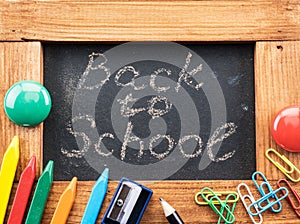 Blackboard inscribed in chalk `Back to school`.