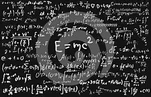 Blackboard inscribed with scientific formulas and calculations in physics and mathematics.