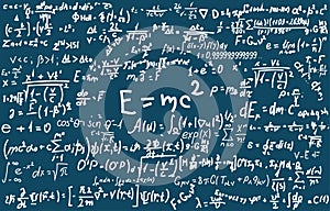 Blackboard inscribed with scientific formulas and calculations in physics and mathematics. Can illustrate scientific