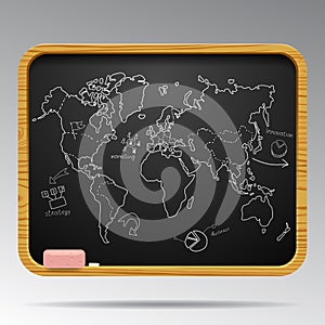 Blackboard isolated with hand drawn world map and business icons