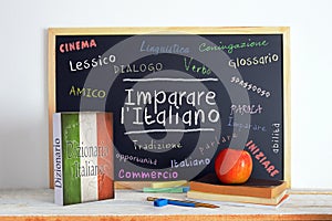Blackboard in a Italian Language classroom with the message LEARN ITALIAN