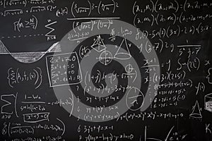 Blackboard with maths statistics, equations and ideas