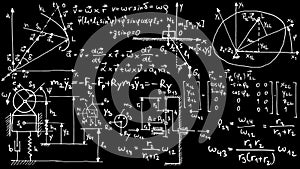 Blackboard with Mechanical and Mathematical Formula and Equations.