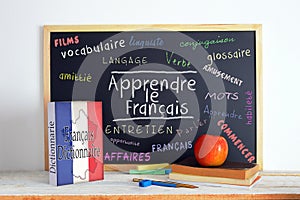 Blackboard with the message LEARN FRENCH photo
