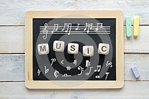 Blackboard in a music classroom with some notation symbols.