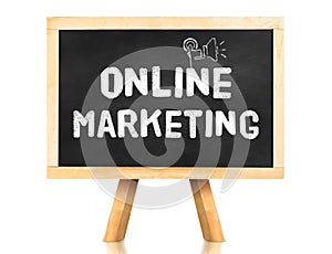 Blackboard with Online marketing word and icon on white background ,Business concept