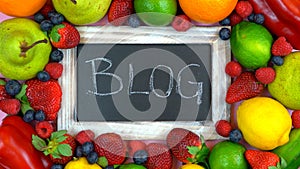 Blackboard surrounded by healthy food,