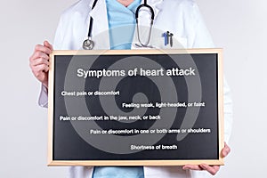 Blackboard with Symptoms of a heart attack in the hands of a doctor on a white background